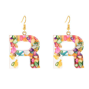 Gold Tone Large Acrylic Letter 'R' Colour Earrings E127