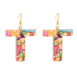 Gold Tone Large Acrylic Letter 'T' Colour Earrings E127