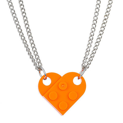 Silver Tone Double Friendship Orange Heart Lego Necklaces N27