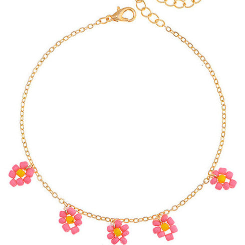 Gold Tone Pink Flower Anklet A17