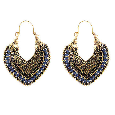 Antique Gold Tone Boho Style C Clasp Navy Detail Earrings E80